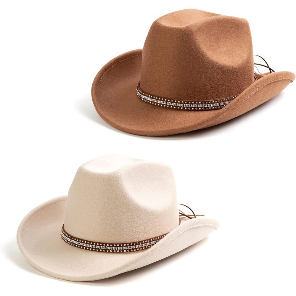 Unisex Beige & Brown Pack of 2 Rhinestone Band Buckle Fedora Cowboy Felt Hat